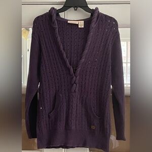 DKNY JEANS XL Purple Cardigan Sweater Pullover Cable Knit Kangaroo Pockets Hood